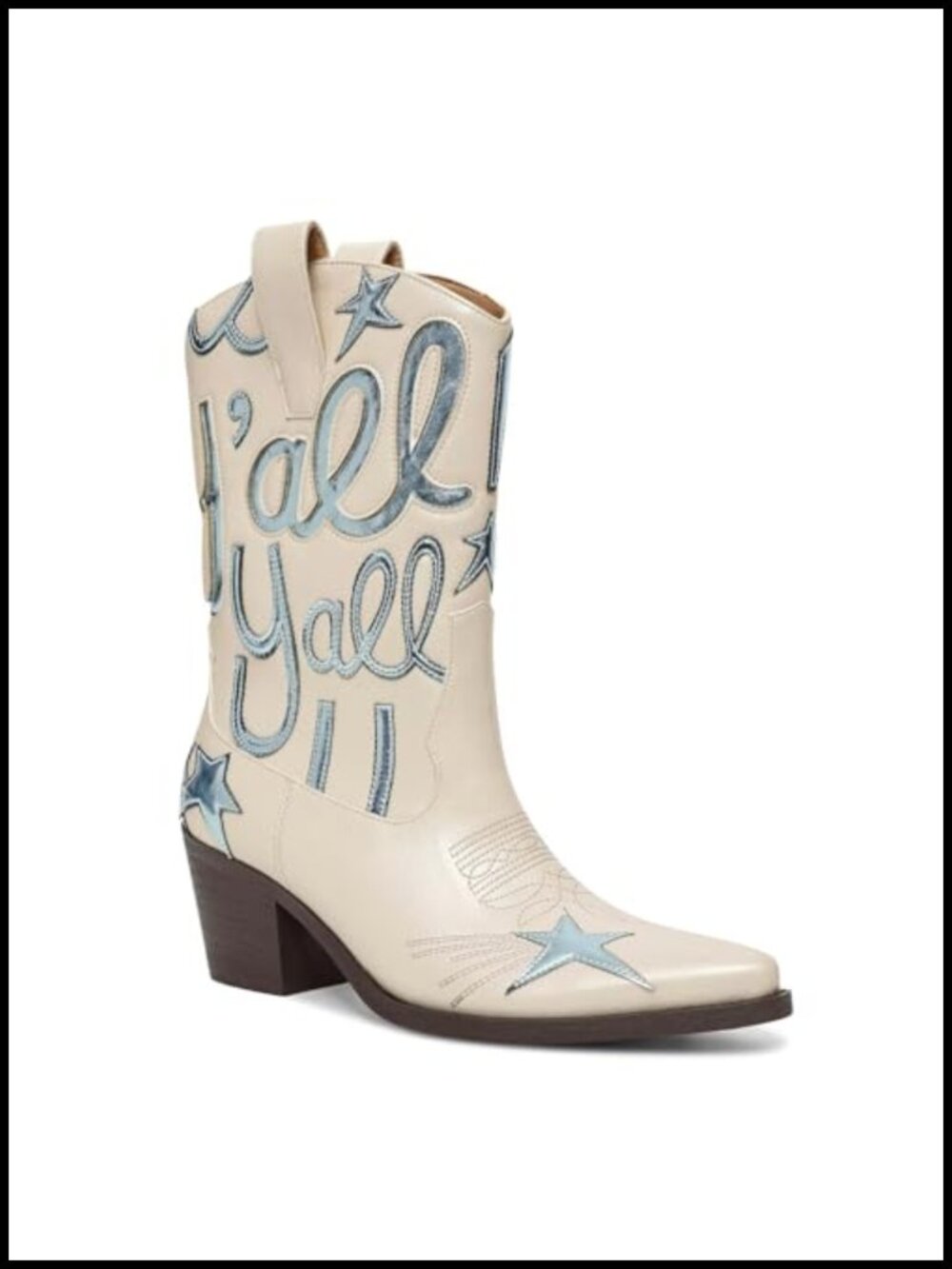 Women's Cowboy Boots Mid Calf Pointed Toe Low Chunky Heel Metallic Pull On